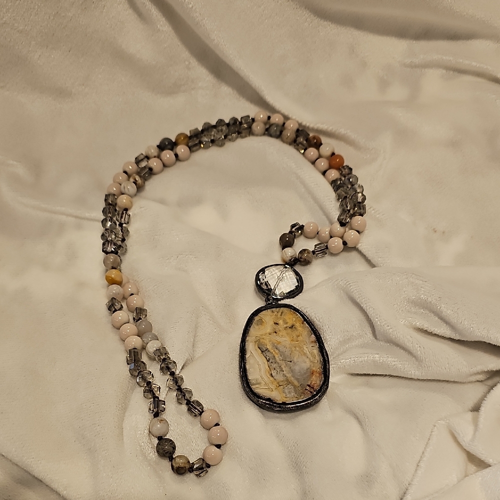 Natural Stone Necklace with Cream and Brown Accents Hand Crafted